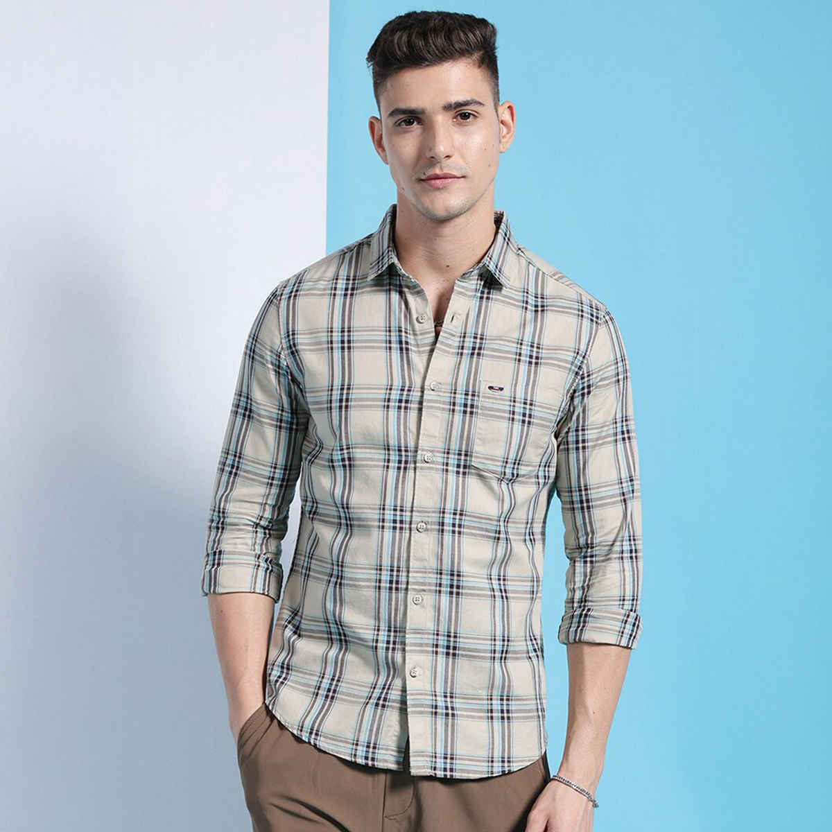 The Indian Garage Co Men's Slim Fit Checkered Casual Shirt | Khaki - XL