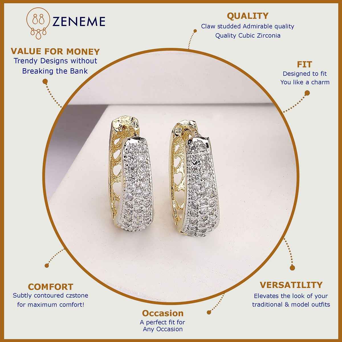 Zeneme Gold Plated Cubic Zirconia Studded Contemporary Hoop Earrings For Women & Girls