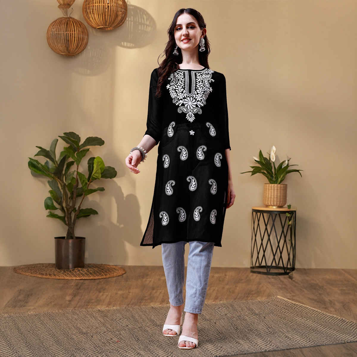 Youthnic Women Chikan Embroidery Short Kurti | B53 - Jini Black | M