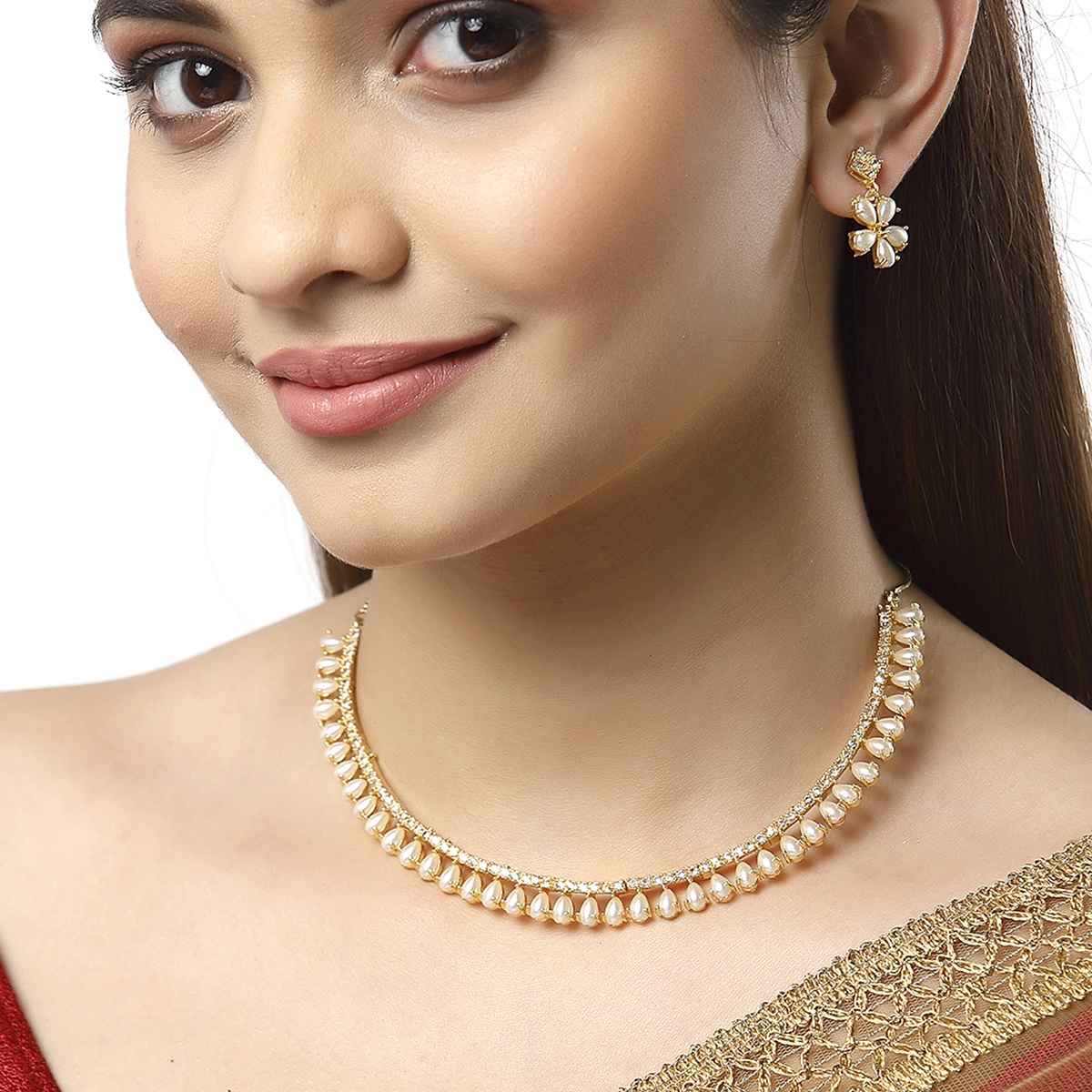 Zeneme White & Gold-Toned Gold-Plated AD-Studded Jewelry Set For Women & Girls