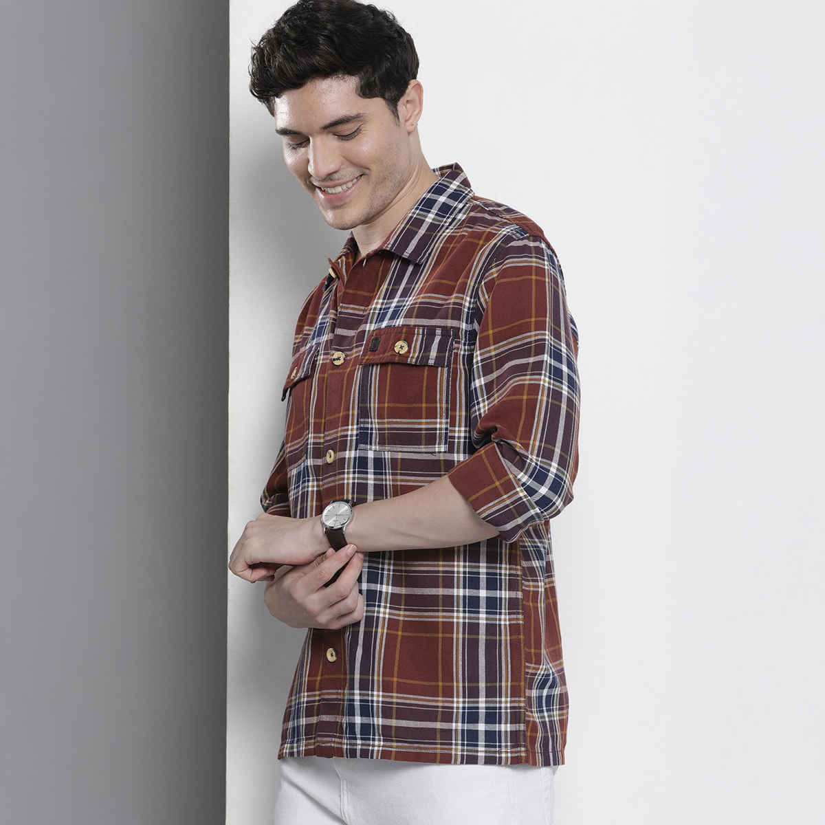 The Indian Garage Co Men's Regular Fit Checkered Street Over Shirt | Maroon - M