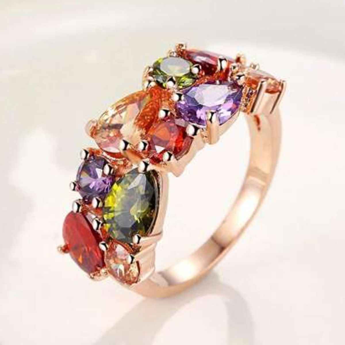 YouBella Rose Gold Plated Solitaire AAA Multicolor Crystal Ring for Women & Girls (YBRG - 20033)