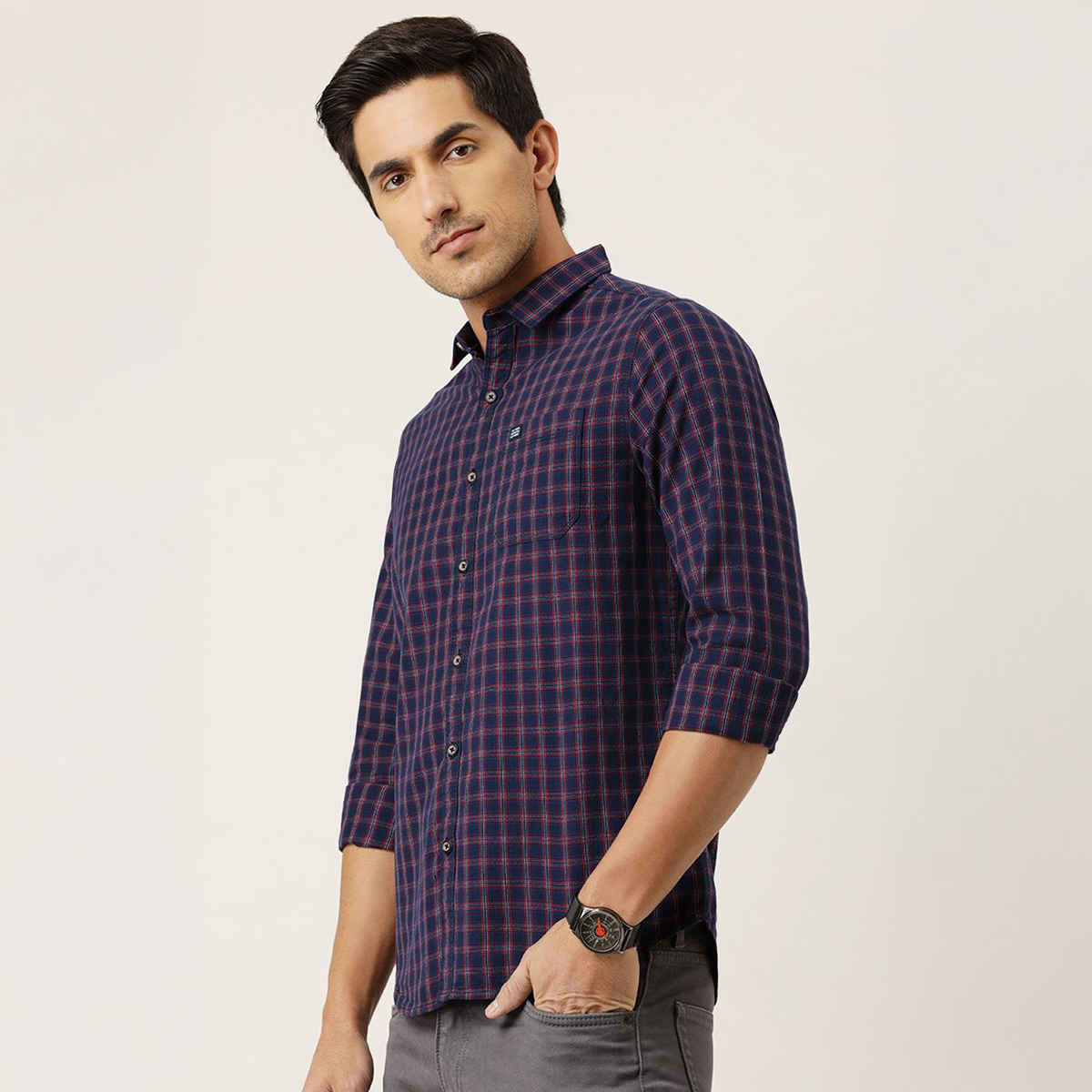The Indian Garage Co Men's Slim Fit Checkered Casual Shirt | Navy Blue & Red - S
