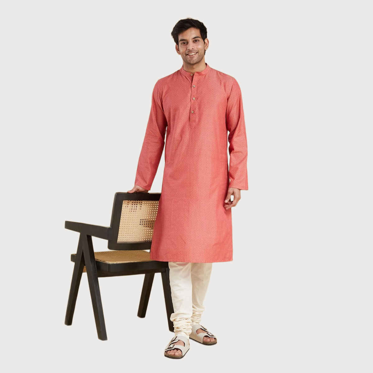 Fabindia Men's Long Kurta Slim Fit Dobby | Light Red - M
