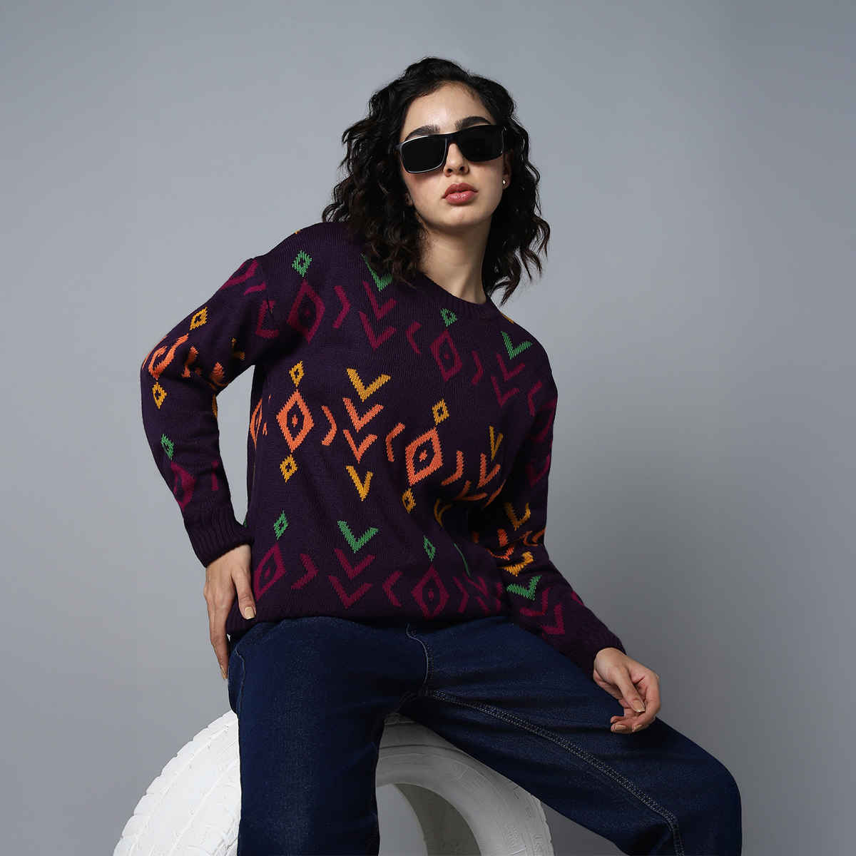 High Star Women's Geometric Printed Pullover | Purple - XL