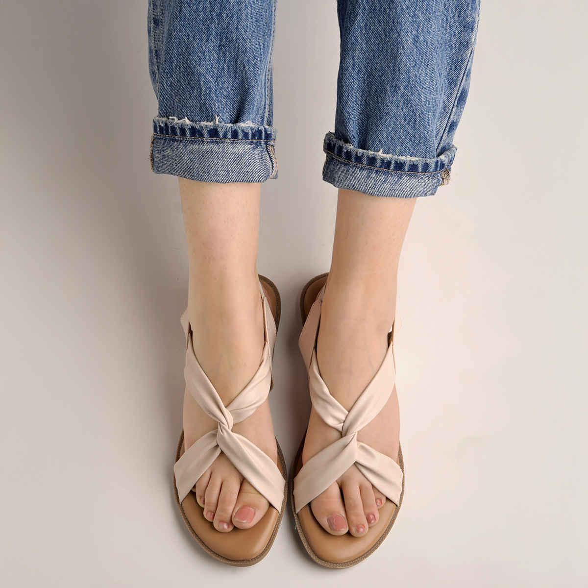 Shoetopia Cross Strap Cream Flat Sandals For Women | UK 5