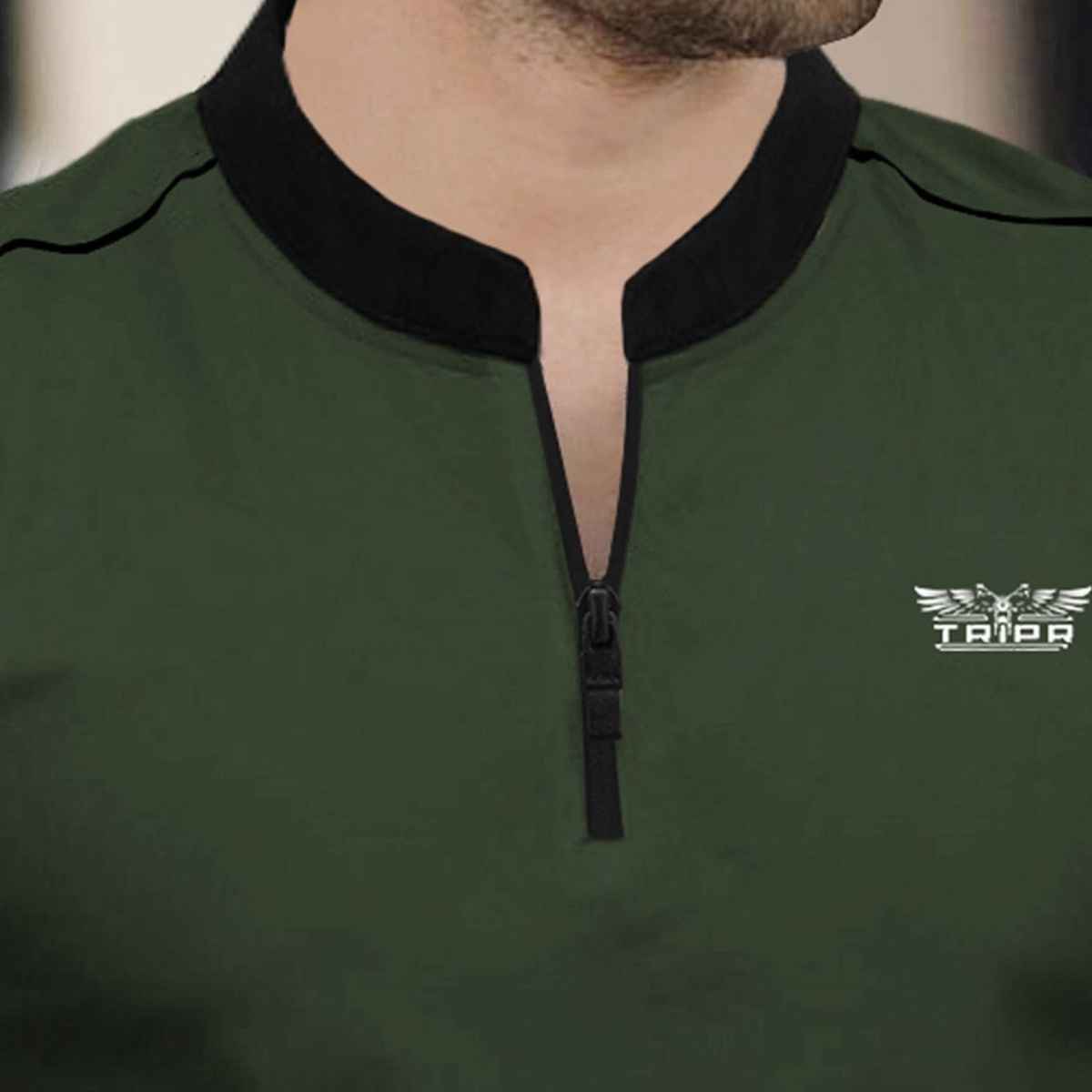 TRIPR Men Cotton Blend Mandarin Collar T-shirt | Olive Green and Black - XL