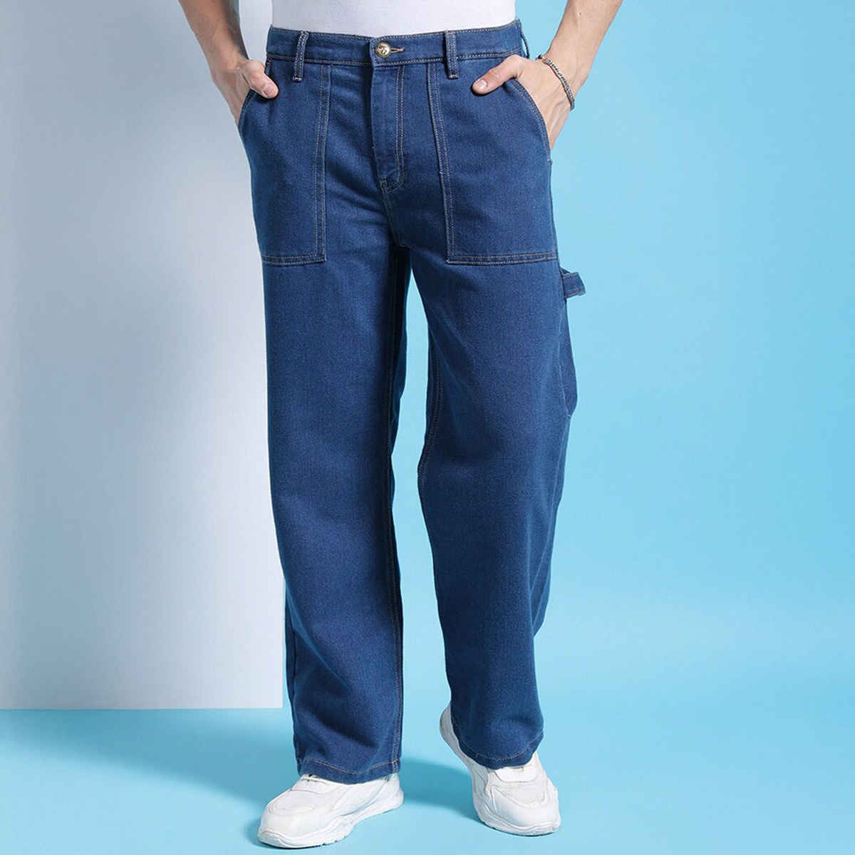 The Indian Garage Co Men's G371 Baggy Fit Solid Street Jeans | Solid Blue | 34