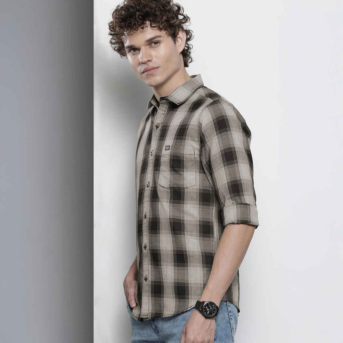 The Indian Garage Co Men's Slim Fit Checkered Casual Shirt | Grey - M