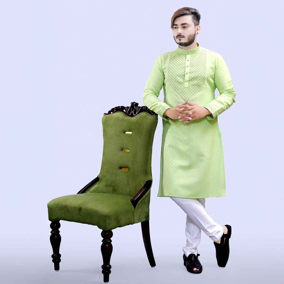 Tibra Collection Men Straight Kurta - Green | Designer | Cotton Blend | L