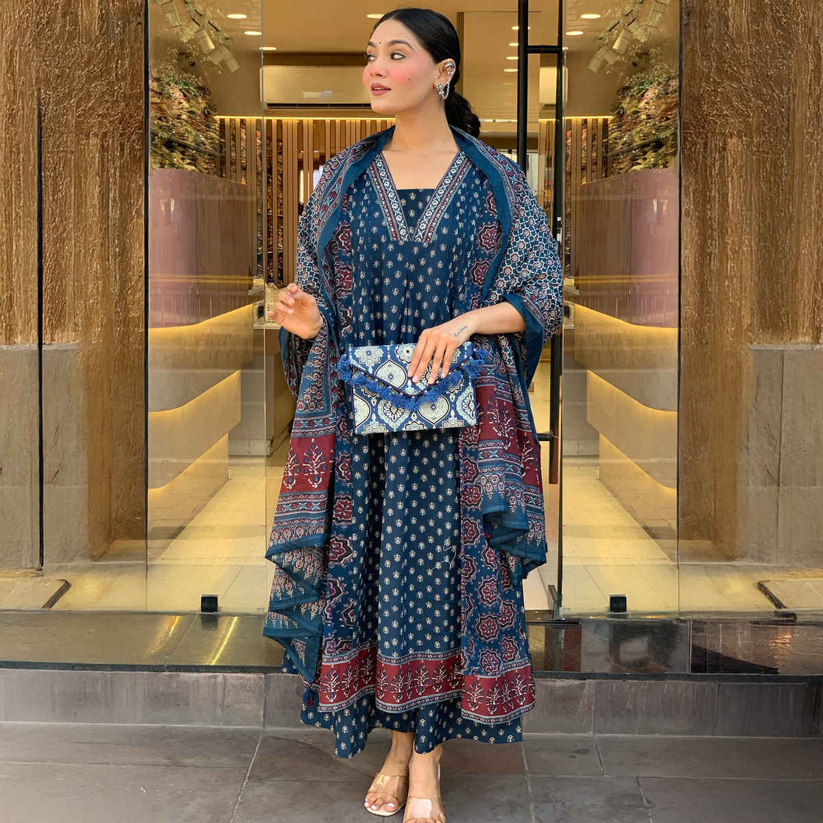 GoSriKi Women's Viscose Rayon Anarkali Printed Kurta with Pant & Dupatta | NAKULA | Blue - XL