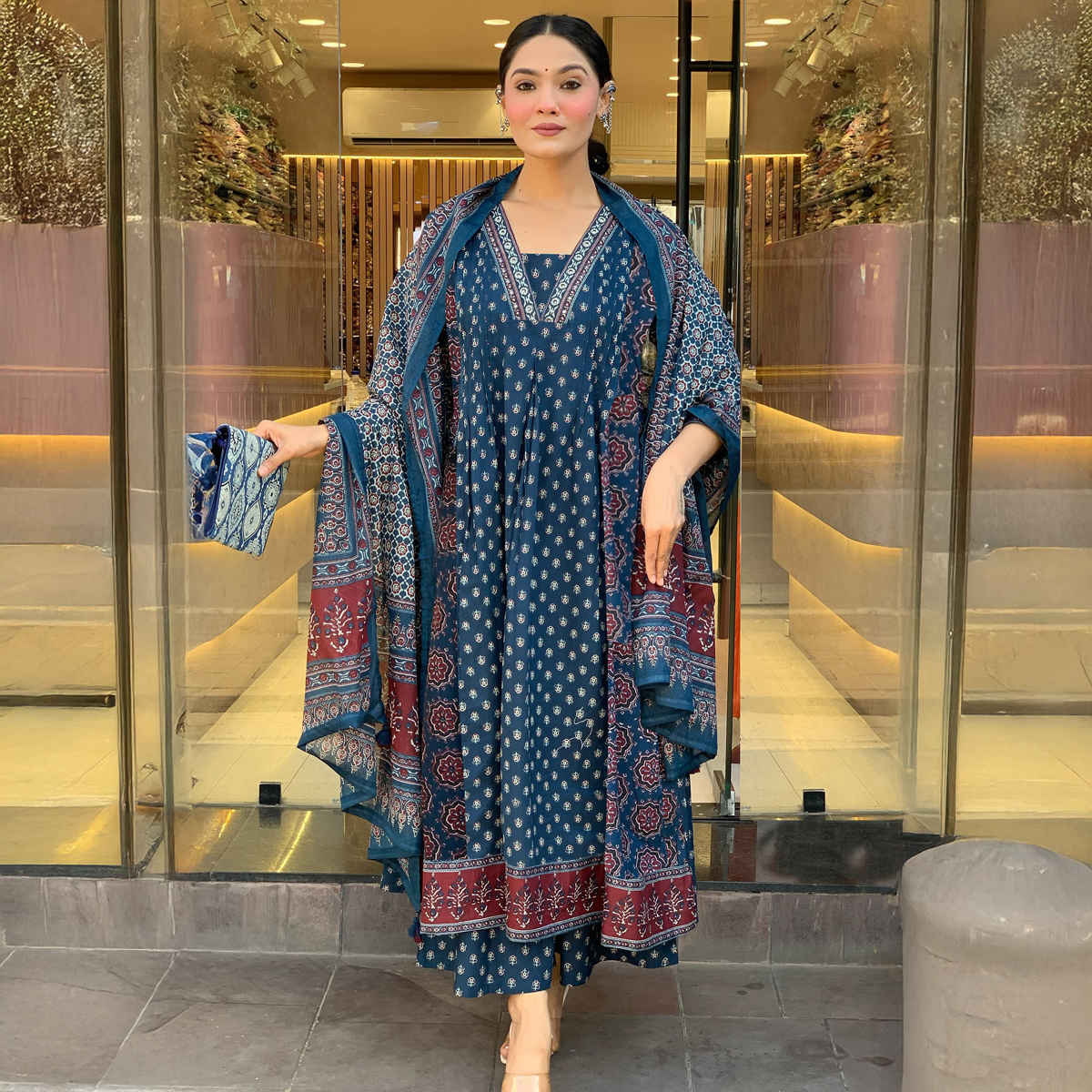 GoSriKi Women's Viscose Rayon Anarkali Printed Kurta with Pant & Dupatta | NAKULA | Blue - S