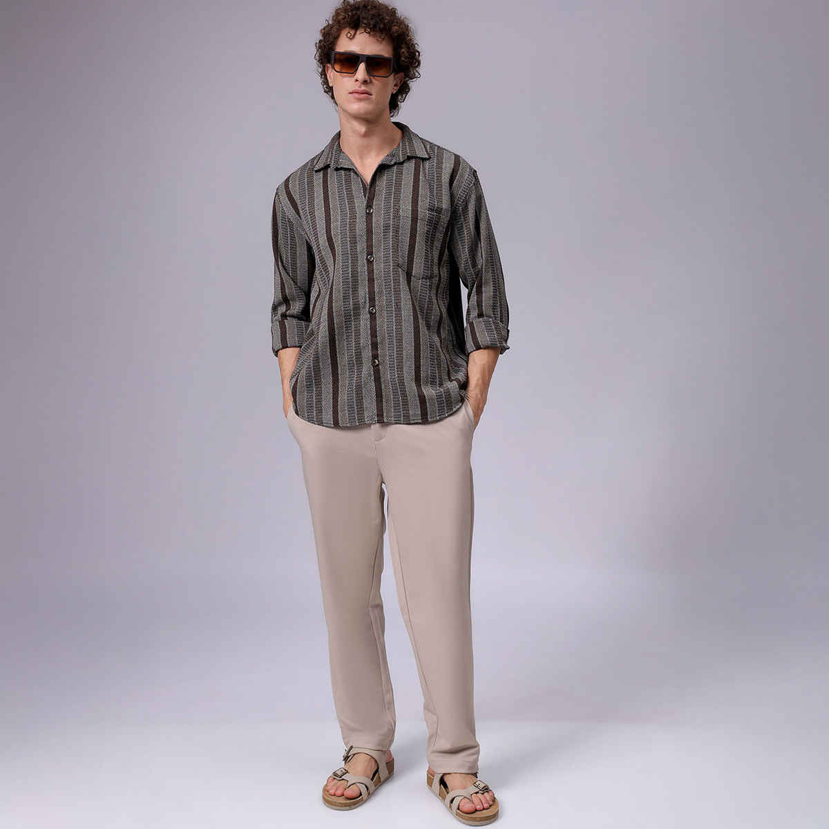 The Indian Garage Co Men's Relaxed Fit Striped Resort Shirt | Khaki - L