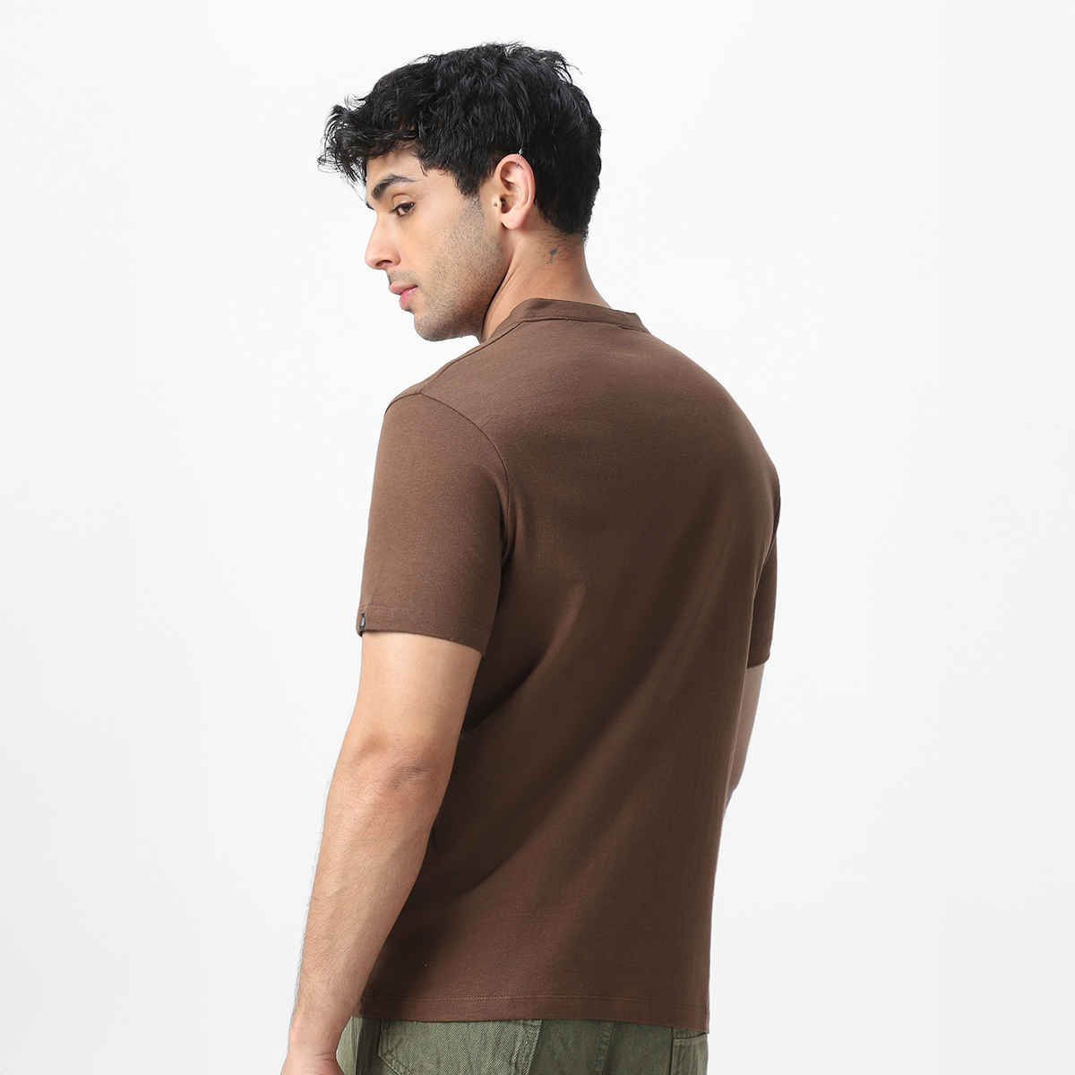 Urbano Fashion Men's Slim Fit Solid Mandarin Collar Half Sleeve Cotton T-Shirt | Cocoa Brown - XL