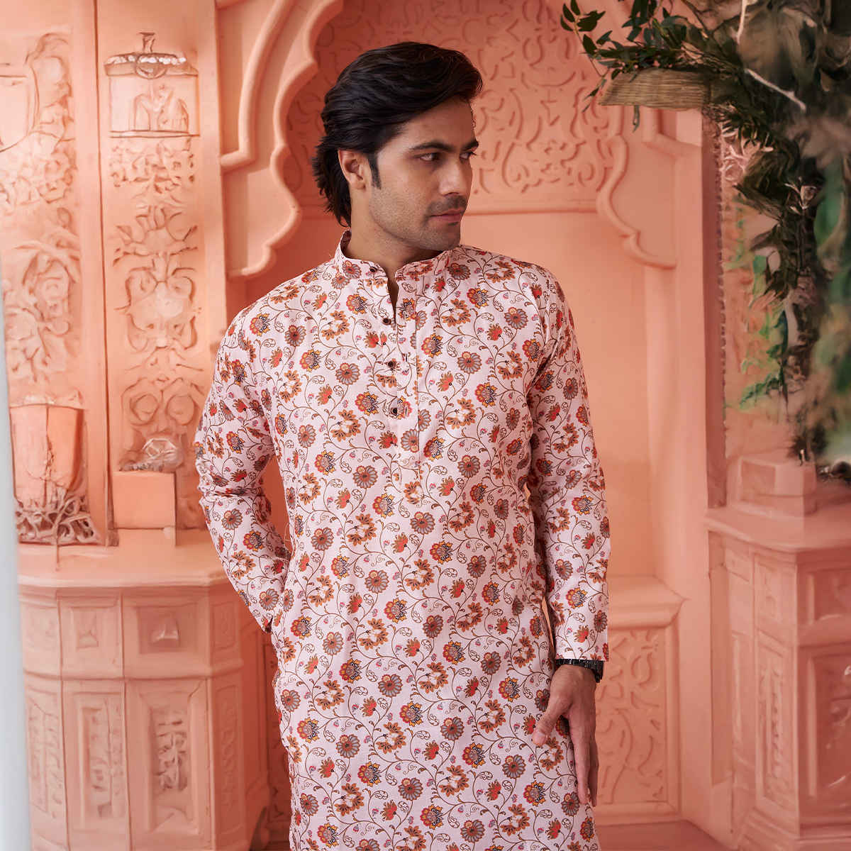House Of Festivals Men's Printed Cotton Blend Long Kurta | Cream - XL