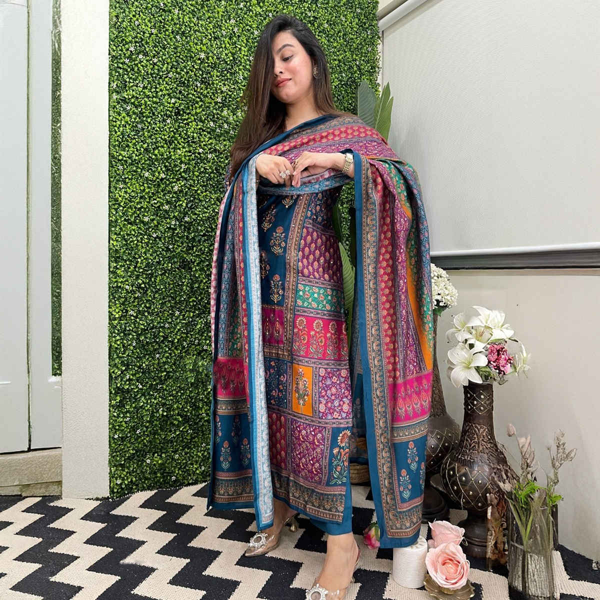 GoSriKi Women's Rayon Blend Straight Printed Kurta with Pant & Dupatta | SULA | Multi - S