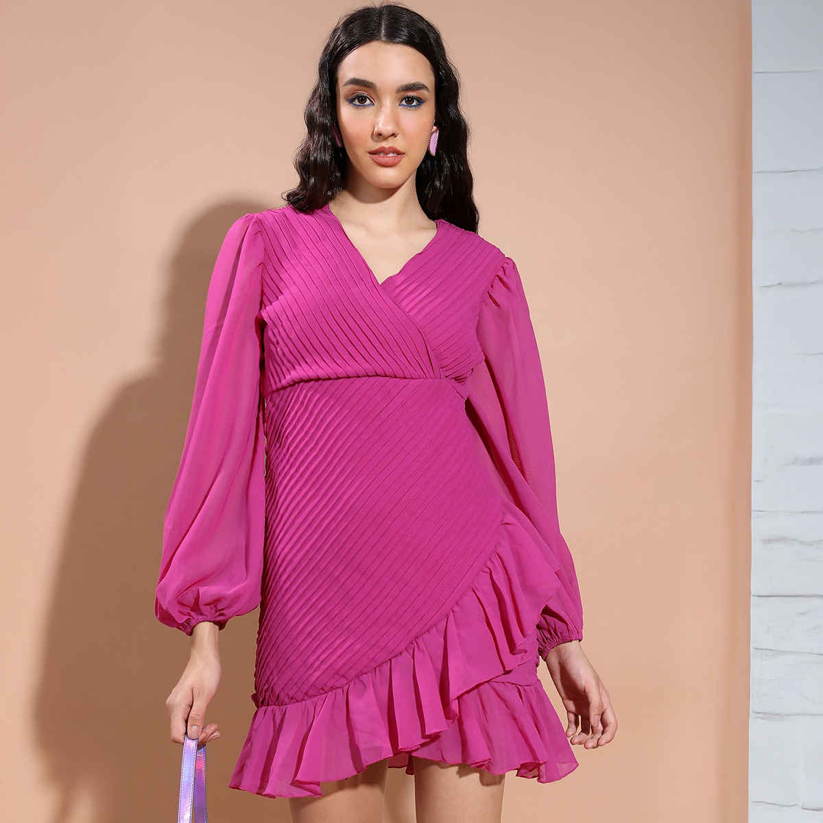 Ketch Women V-Neck Puff Sleeves A-Line Dress | Fuschia | L