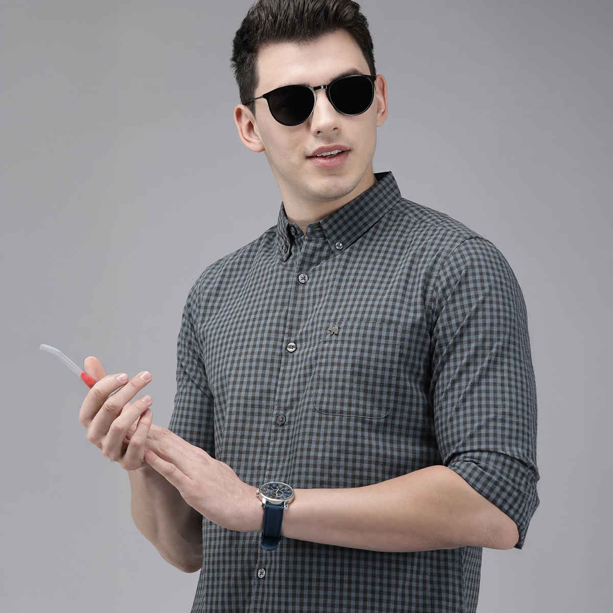 The Bear House Men Slim Fit Checked Button-Down Casual Shirt - Garo | Teal Blue | M