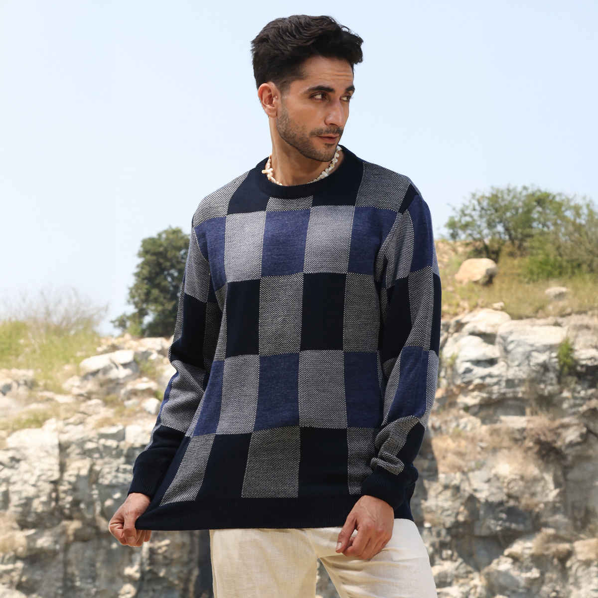 Campus Sutra Men's Block Check Pullover Sweater | Blue - S