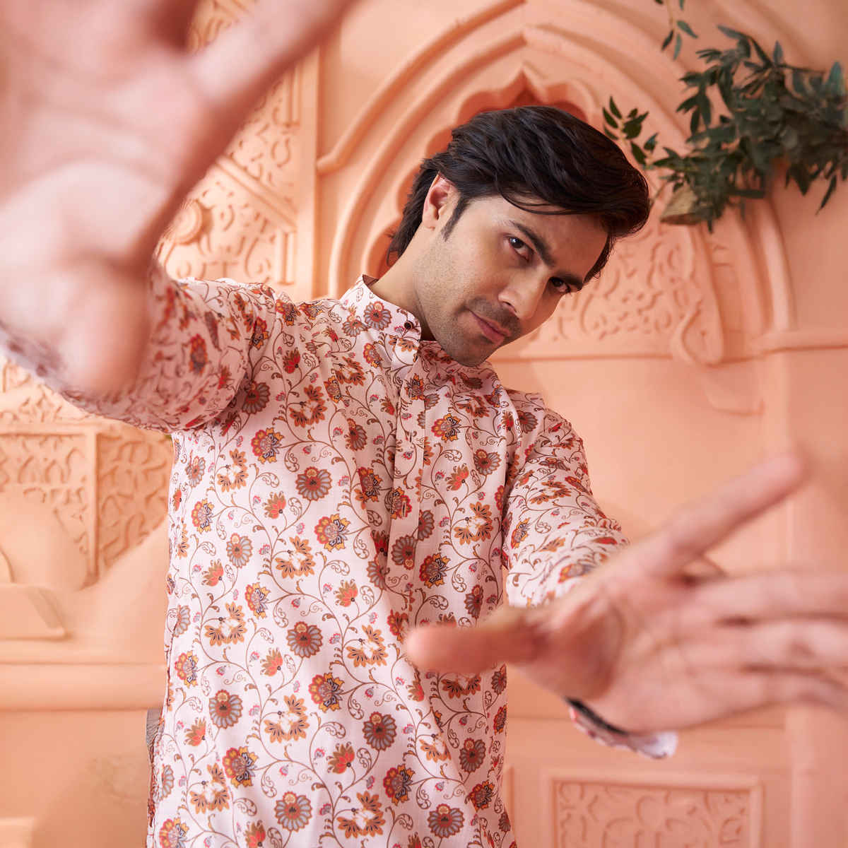 House Of Festivals Men's Printed Cotton Blend Long Kurta | Cream - L