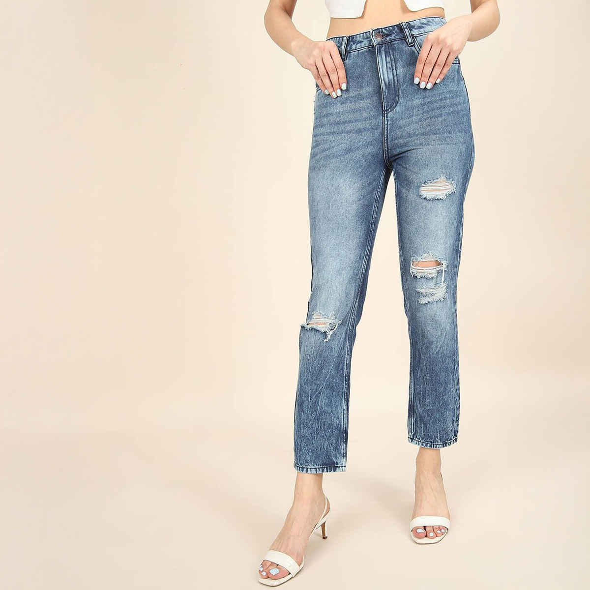 Freehand Women's Distress Straight Fit Jeans | Blue - 30