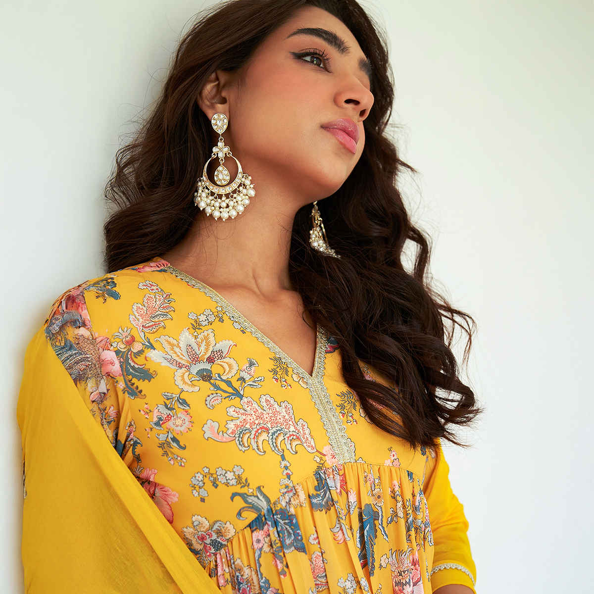 Janasya Women's Yellow Georgette Digital Floral Printed Kurta with Sharara and Dupatta | S