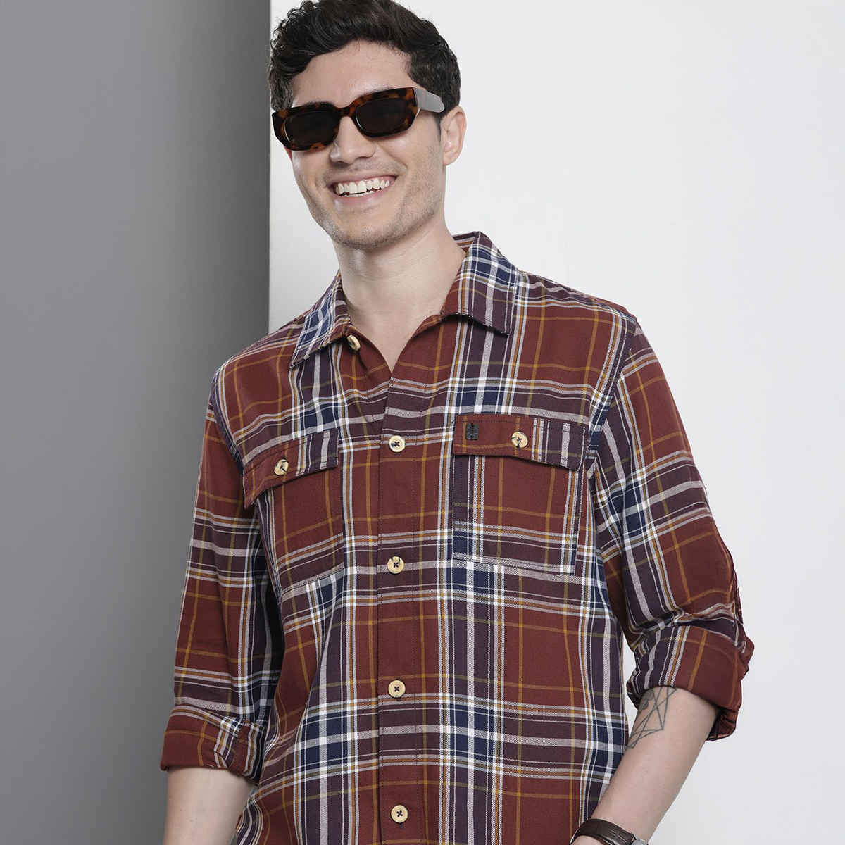 The Indian Garage Co Men's Regular Fit Checkered Street Over Shirt | Maroon - S