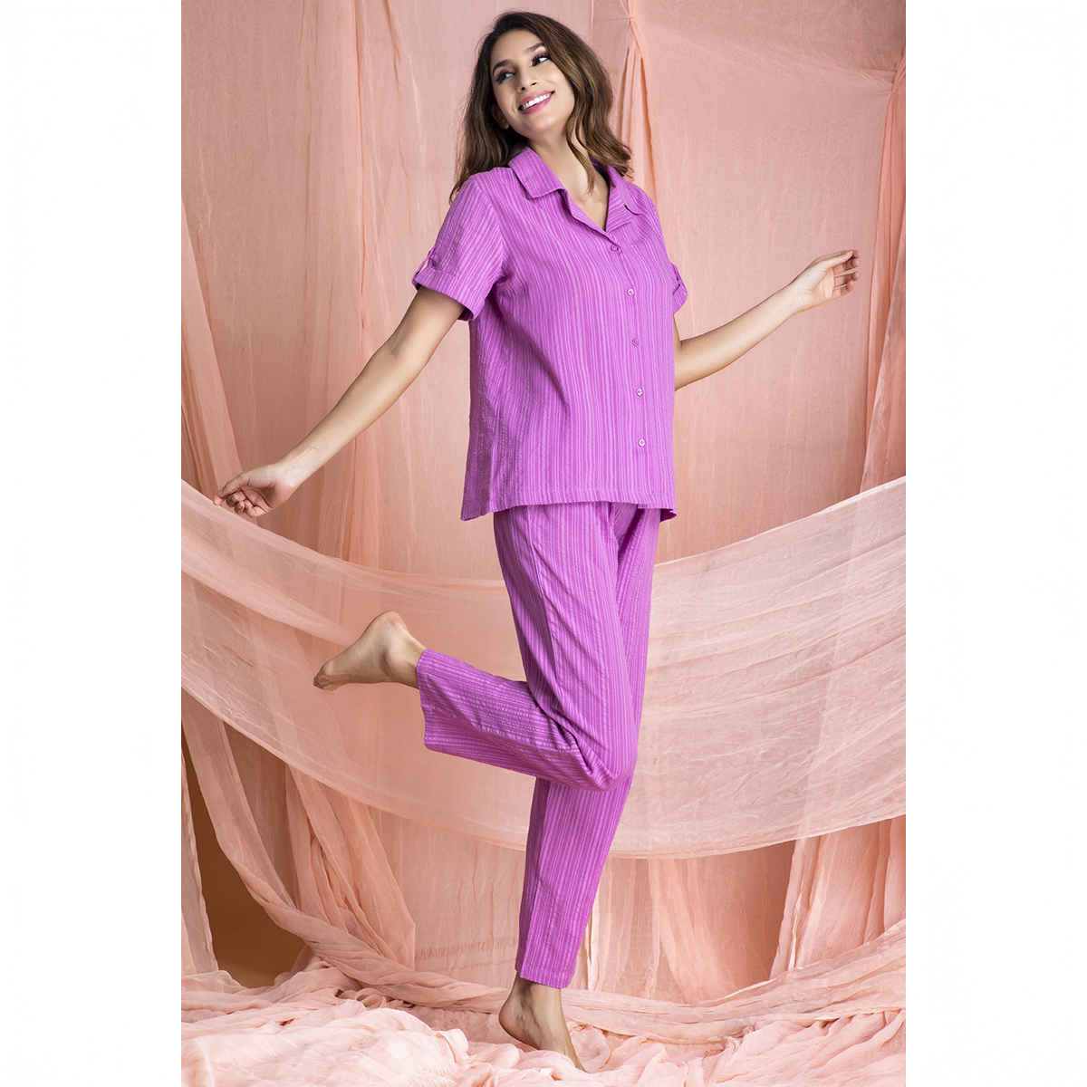 Clovia Sassy Stripes Button Down Shirt & Pyjama - Cotton(Purple - S)