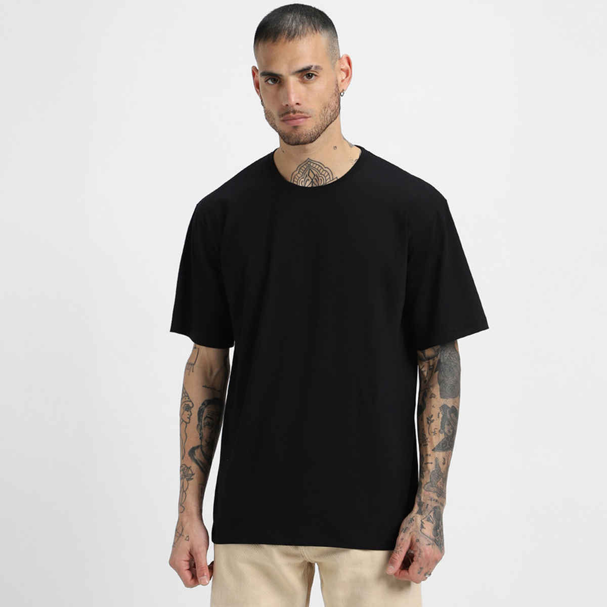 Veirdo Pure Cotton Oversized Fit Round Neck Black T-Shirt For Men - M