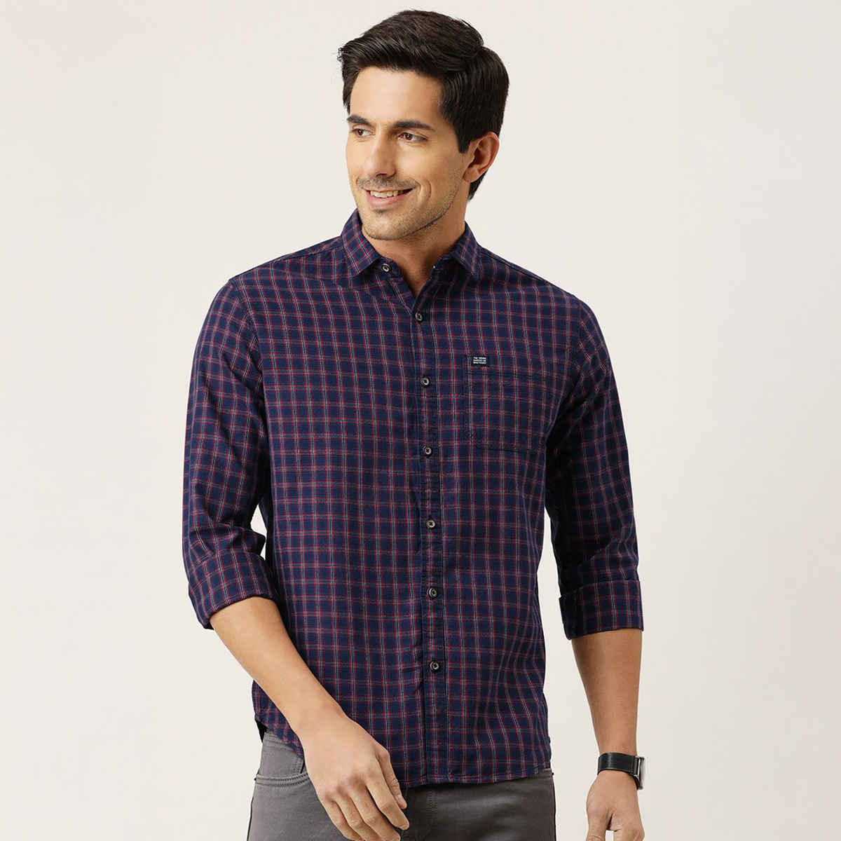 The Indian Garage Co Men's Slim Fit Checkered Casual Shirt | Navy Blue & Red - M
