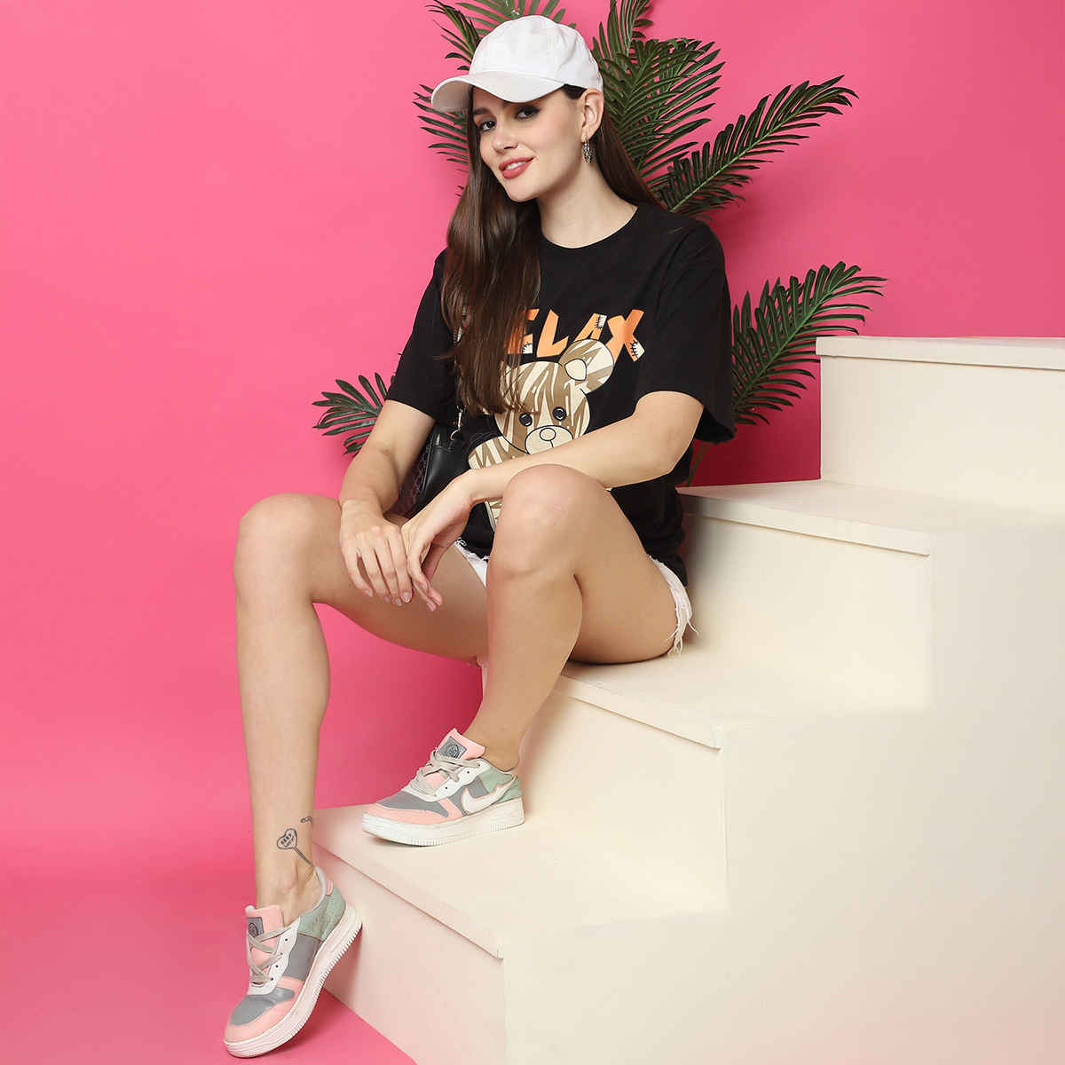 Fabflee Women Oversize Cotton Printed Round Neck Tshirt | Black | FAB-OS-520 | S