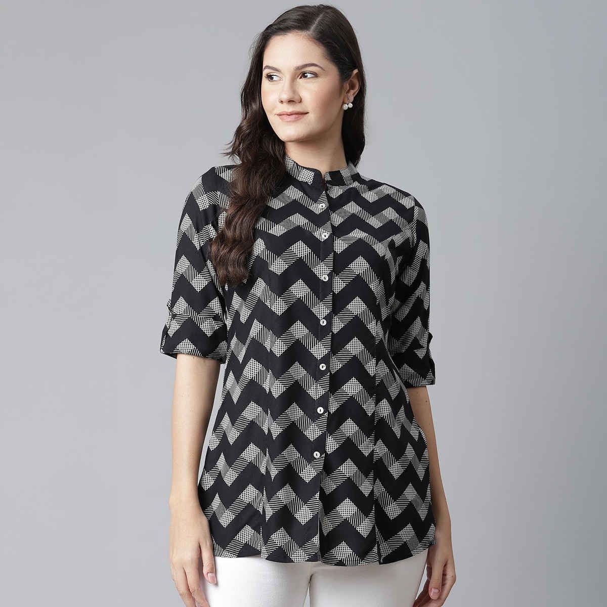 Divena Rayon Zigzag Print Women's Shirt Style Top | DBK0373 | Black - S