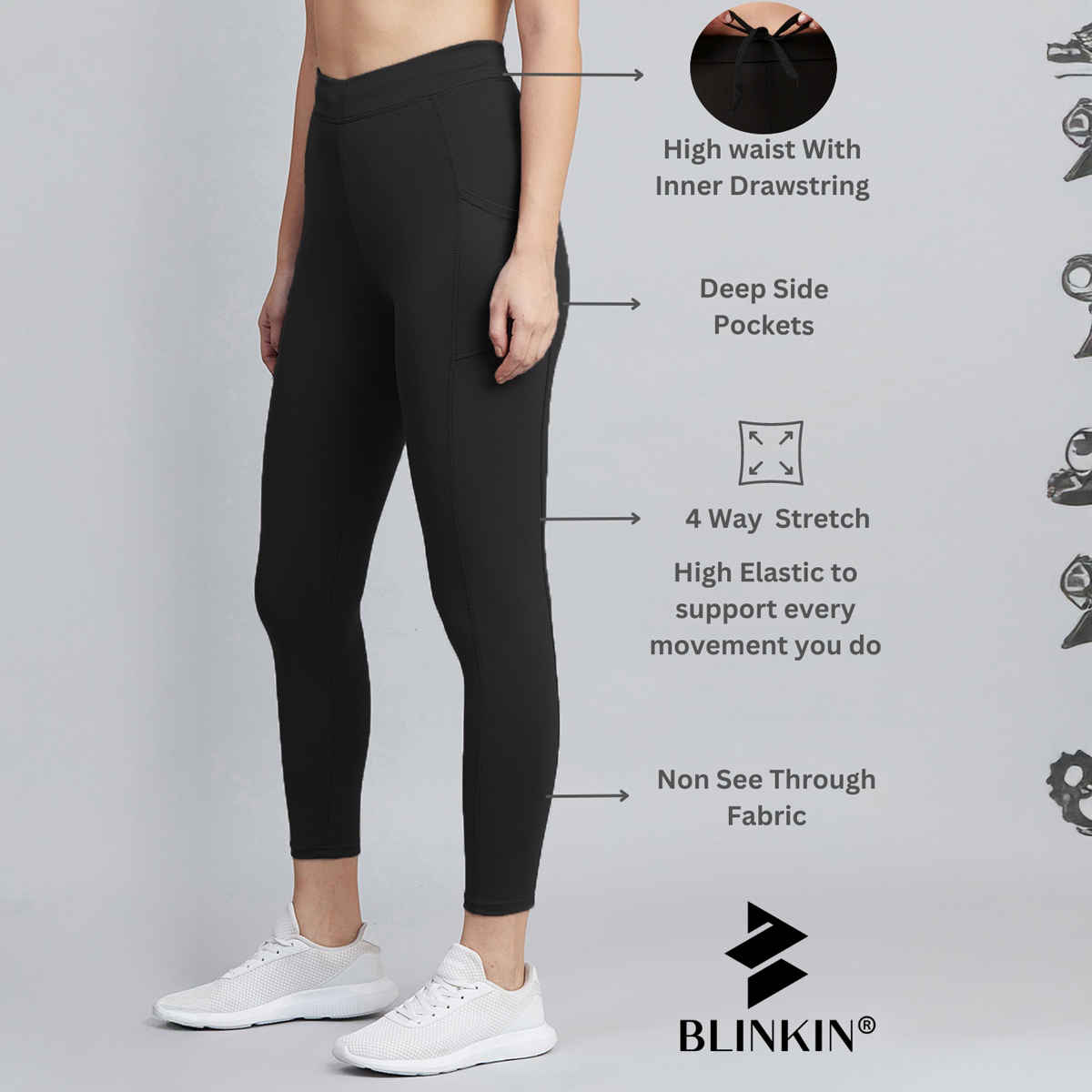 Blinkin Women's Gym Pants & Tights - Black | Stretchable | With Side Pockets | XL