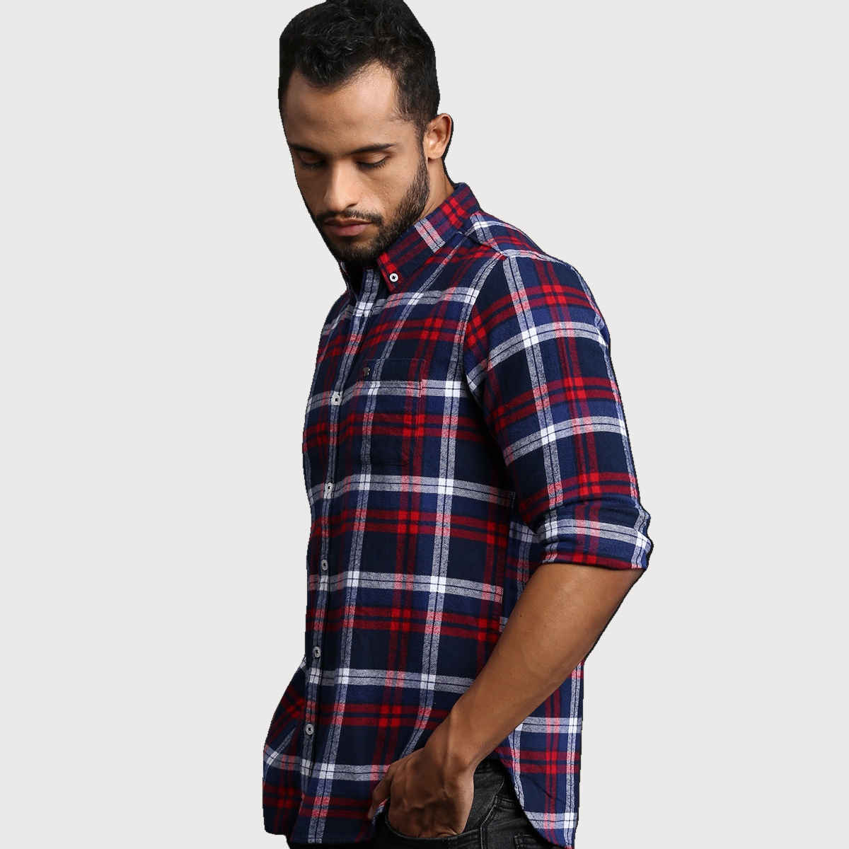 The Bear House Men Slim Fit Checked Shirt - Bud | Blue and Red | XL
