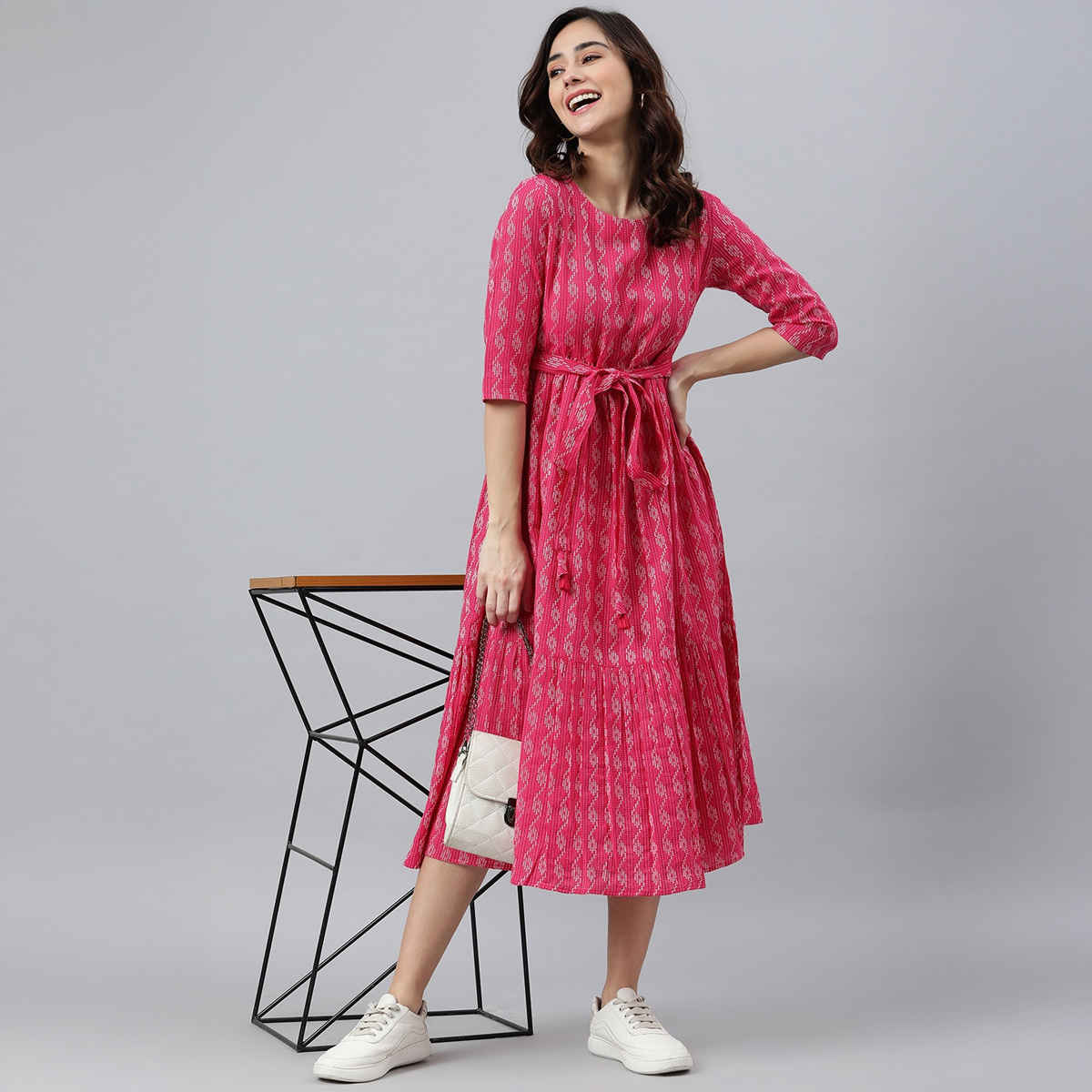 Janasya Women's Pink Pure Cotton Woven Design Tiered Dress - S