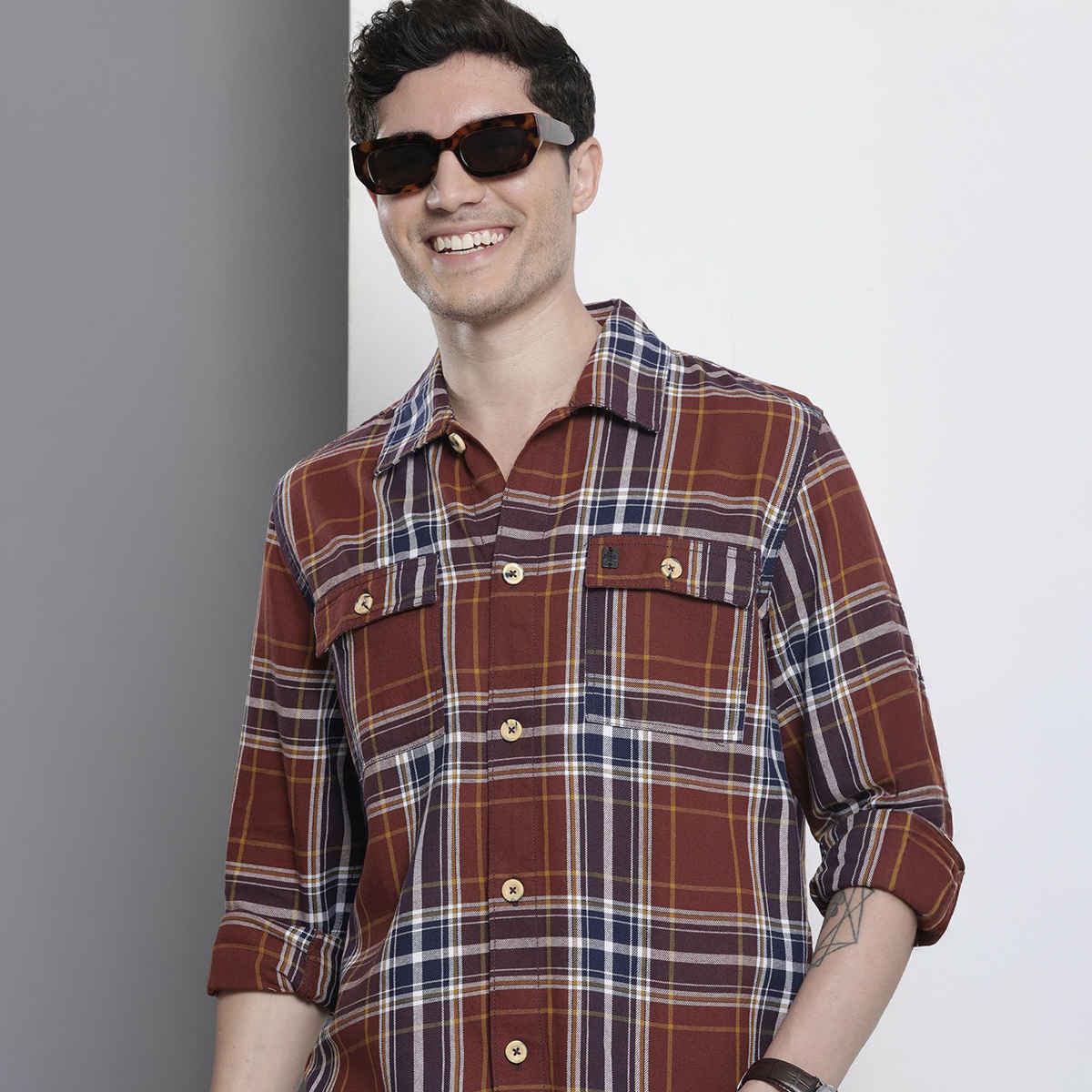 The Indian Garage Co Men's Regular Fit Checkered Street Over Shirt | Maroon - M
