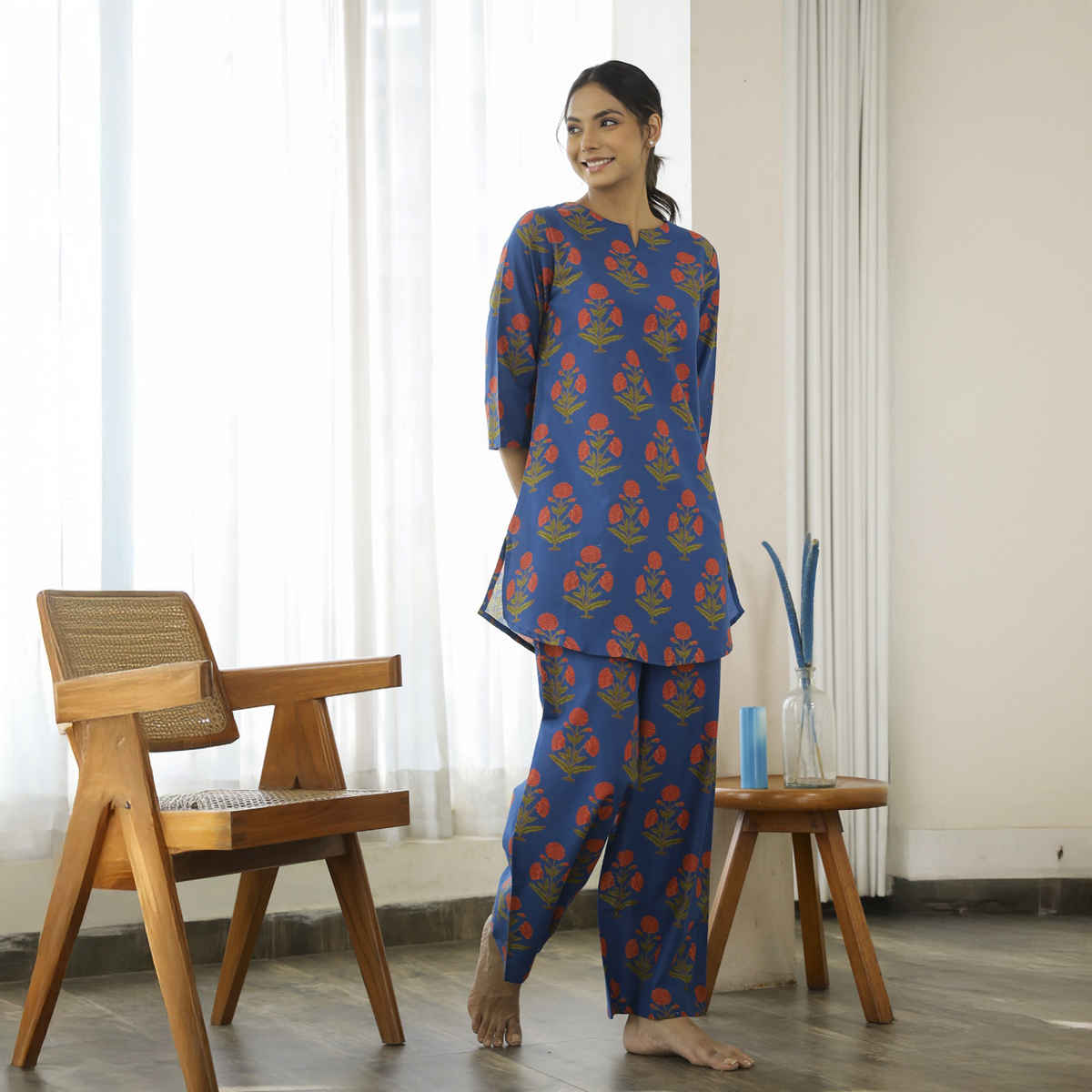 Sanskrutihomes Floral Printed Pure Cotton Night Suit | Blue - 3XL
