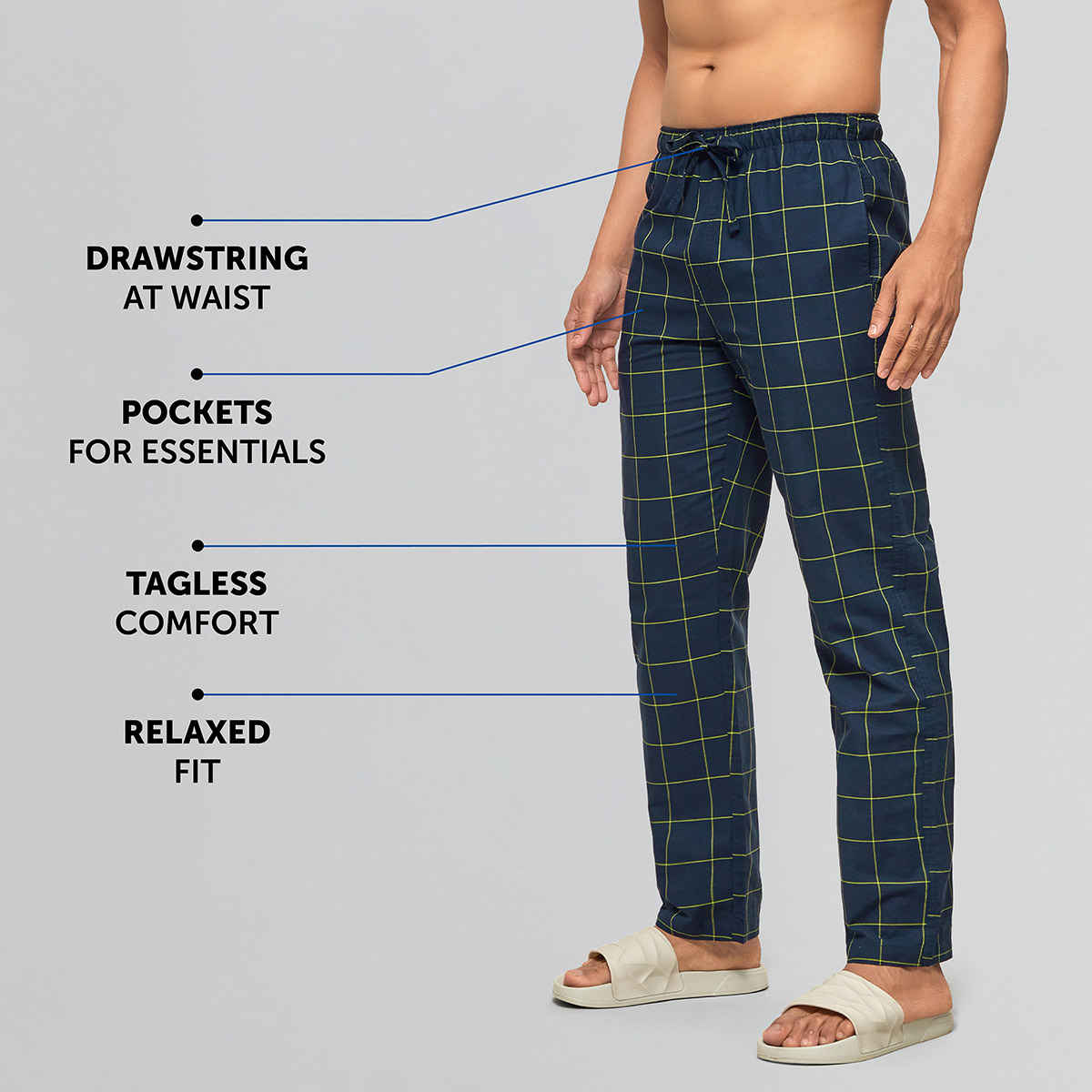 XYXX Checkmate 100% super combed cotton Checks Pyjama Relaxed Fit | 2 Side pockets | Navy- S