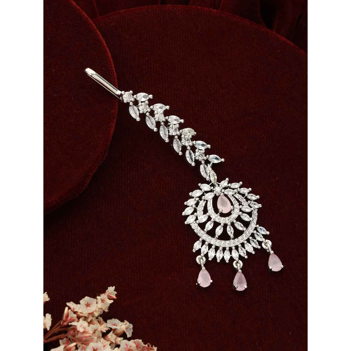 Aatmana Rhodium-Plated Pink & White AD Studded Maang Tikka