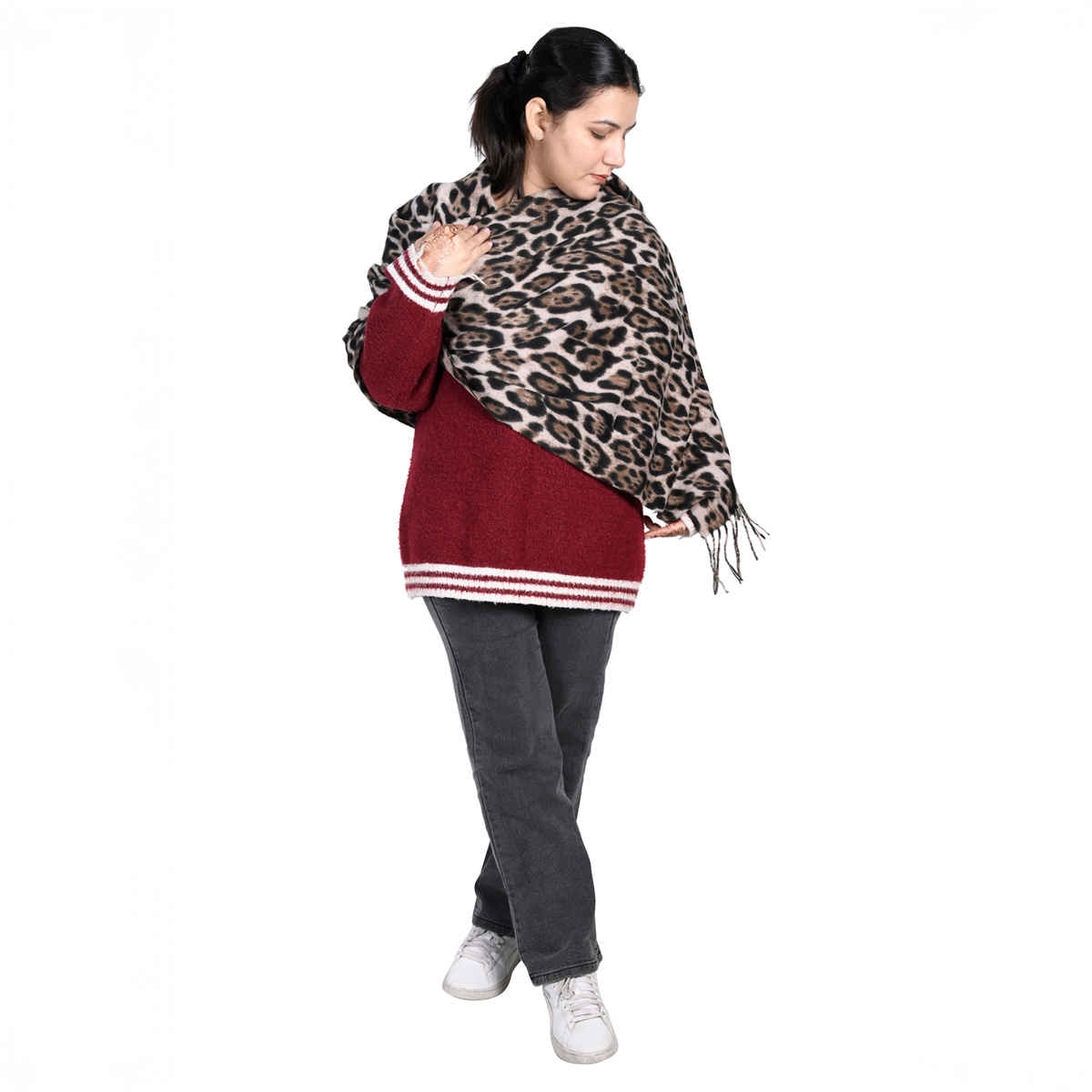 Calvadoss Women's Printed Stole With Fringed Border | STL1533 | Beige and Brown