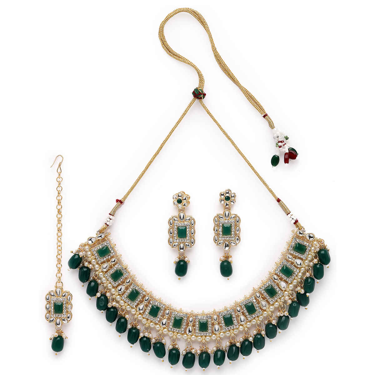 Sukkhi Glitzy Gold Plated Green Kundan & Beads Studded Choker Necklace Set