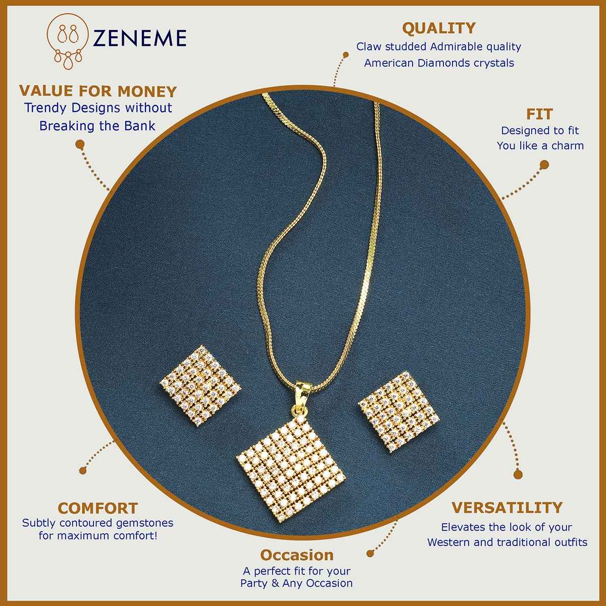 Zeneme Gold-Plated American Diamond Studded Square Shaped Necklace and Earrings For Women & Girls