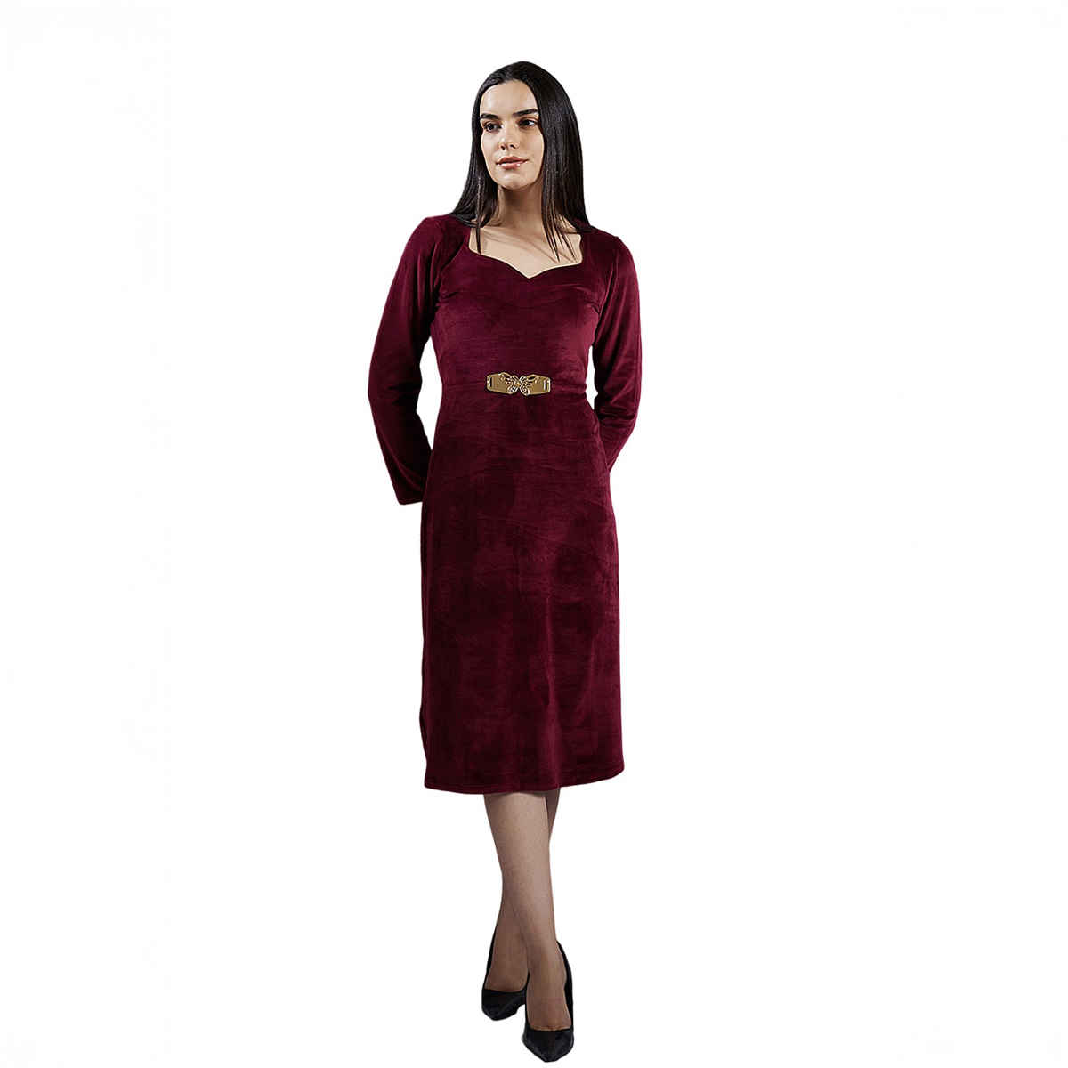 Athena Women's Sweetheart Neck Embellished Detailed A-Line Midi Dress | Maroon - S