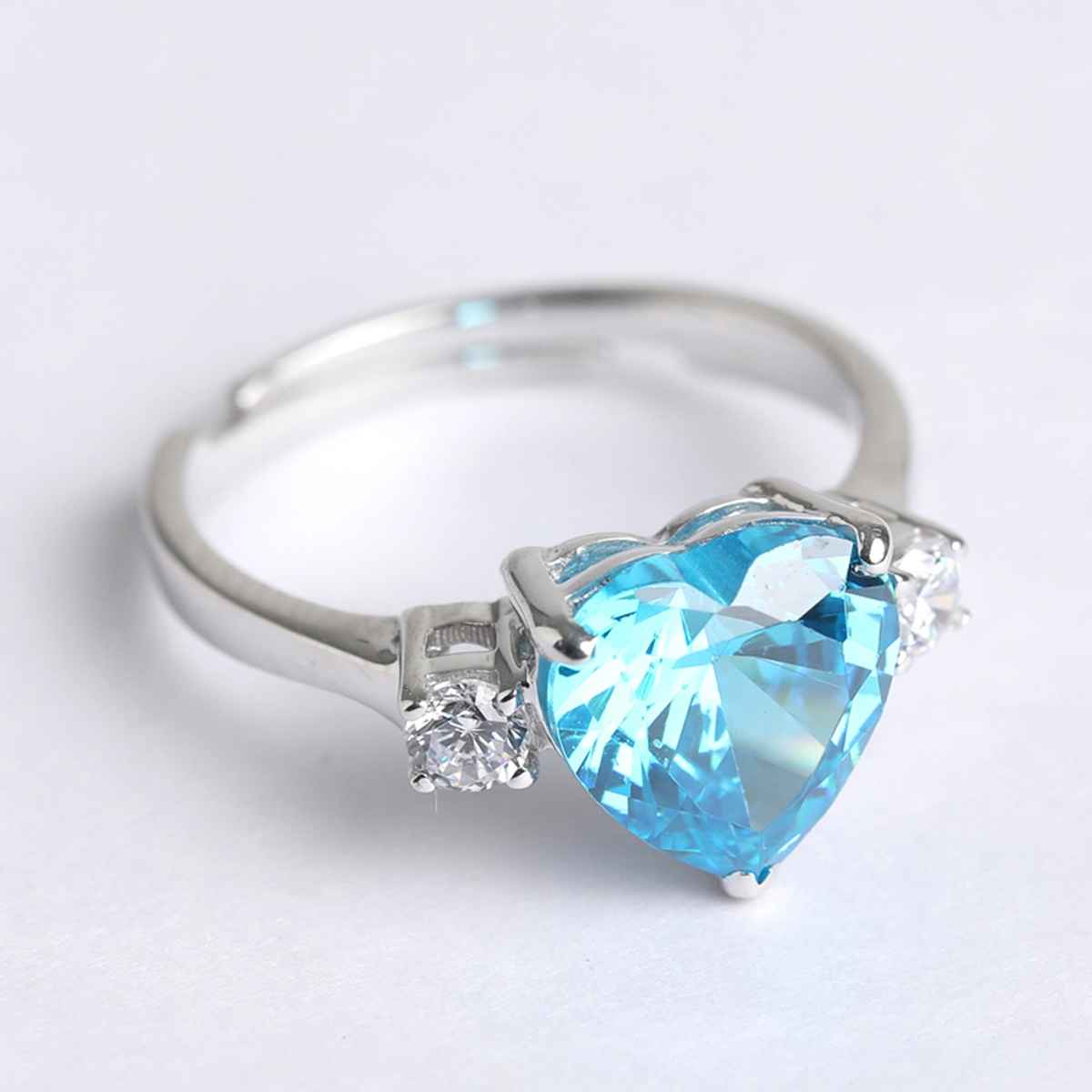 Clara 925 Sterling Silver Sky Blue Heart Ring | Adjustable Band | Rhodium Plated | Swiss Zirconia