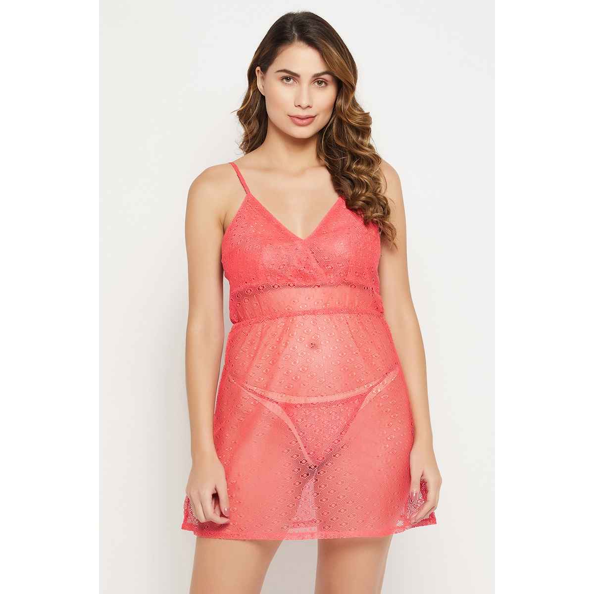 Clovia Chic Basic Semi-Sheer Babydoll in Pink with G-string - Lace | NS1300A14 | Pink | XL