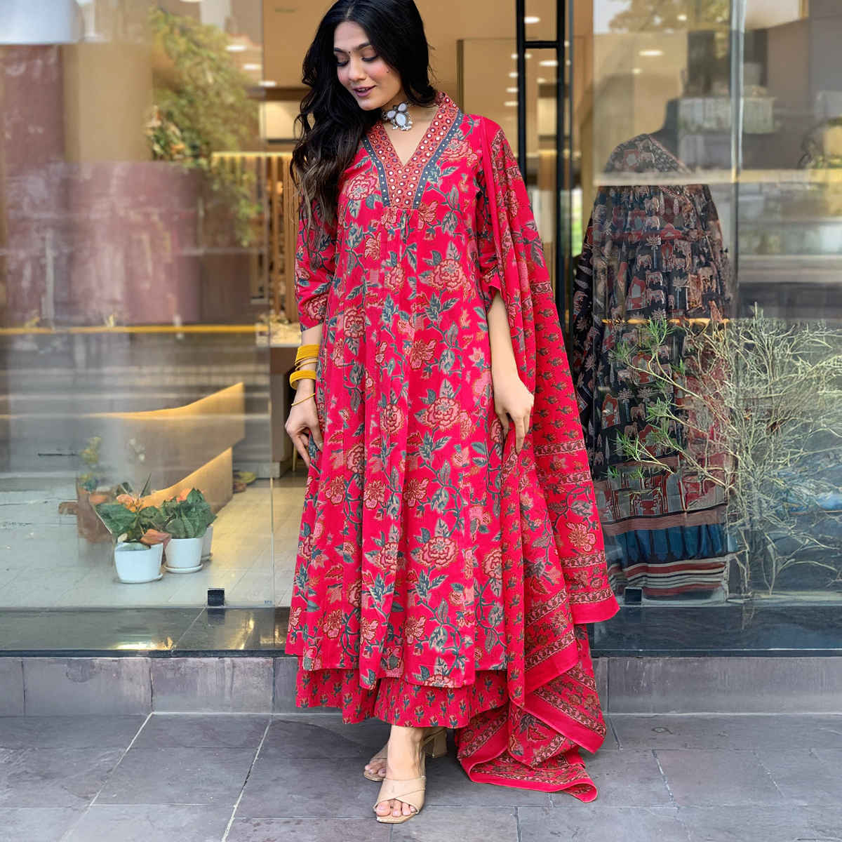 GoSriKi Women's Viscose Rayon Anarkali Printed Kurta with Pant & Dupatta | CIA | Pink - XL