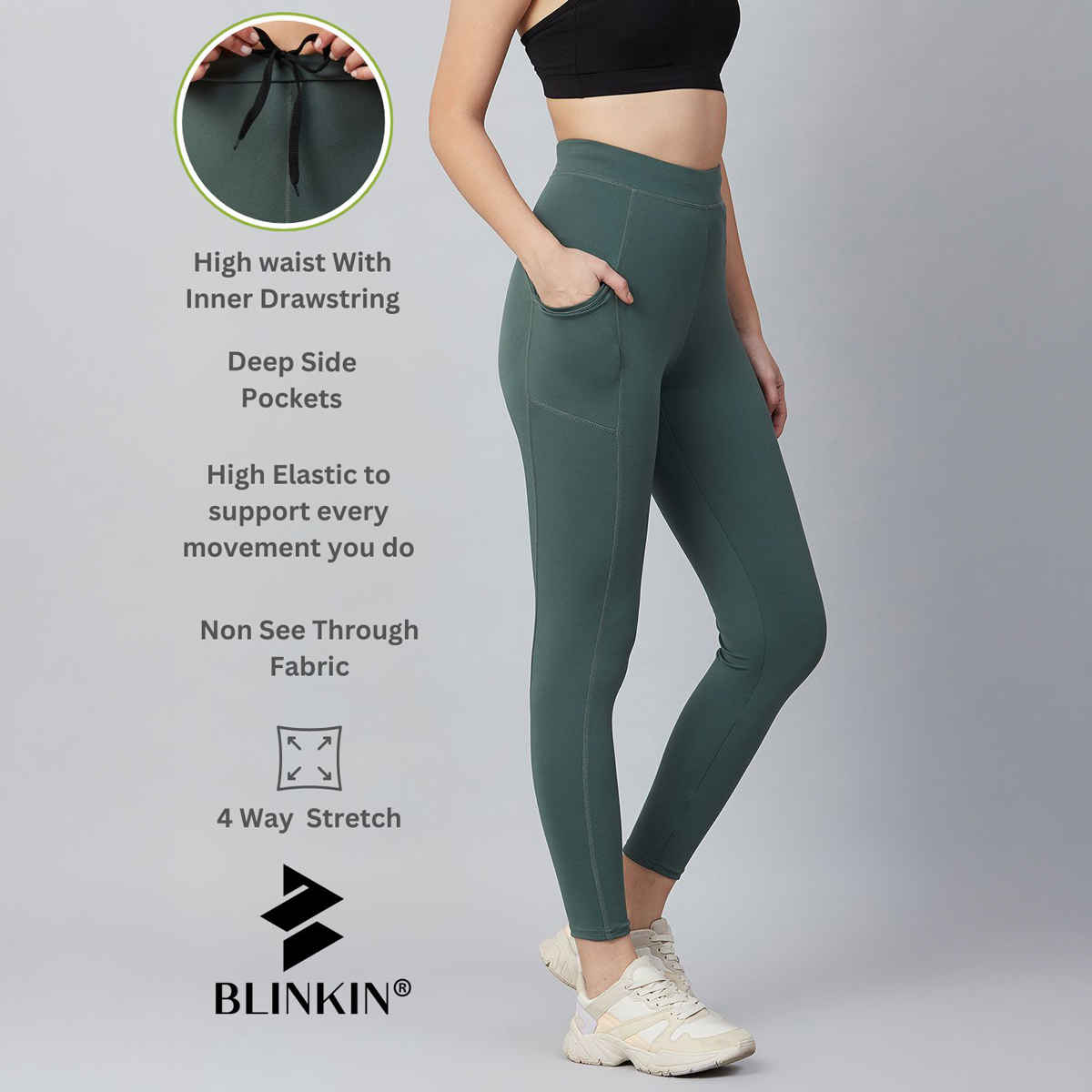 Blinkin Women's Gym Pants & Tights - Dark Green | Workout | With Side Pockets | L