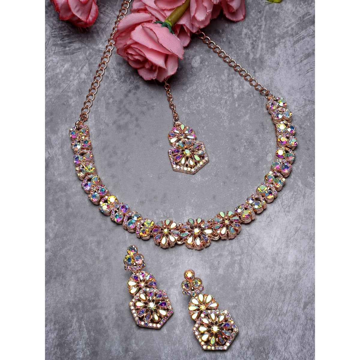 Sukkhi Fusion Rose Gold Plated Collar Bone Necklace Set Earring & Maangtika Set for Women