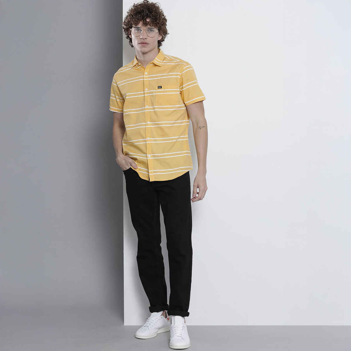 The Indian Garage Co Men's Slim Fit Striped Casual Half Sleeve Shirt | Yellow - M