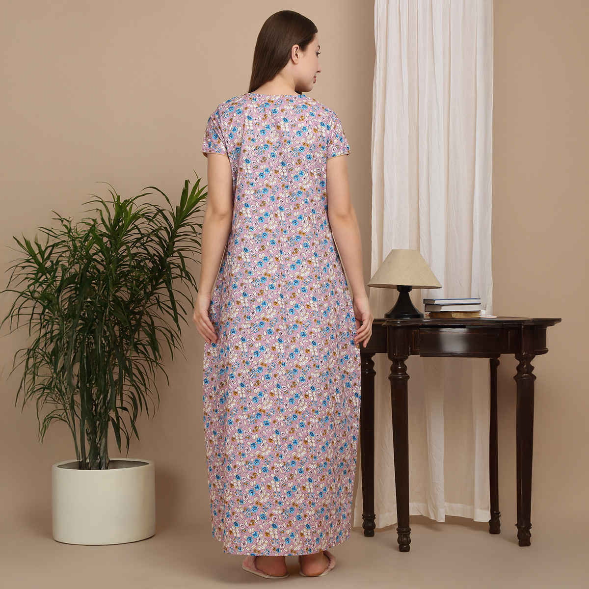 Sweet Dreams Women Floral Print Full Length Night Dress (Rose, M)